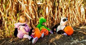 kids dressed in costumes at a pumpkin patch